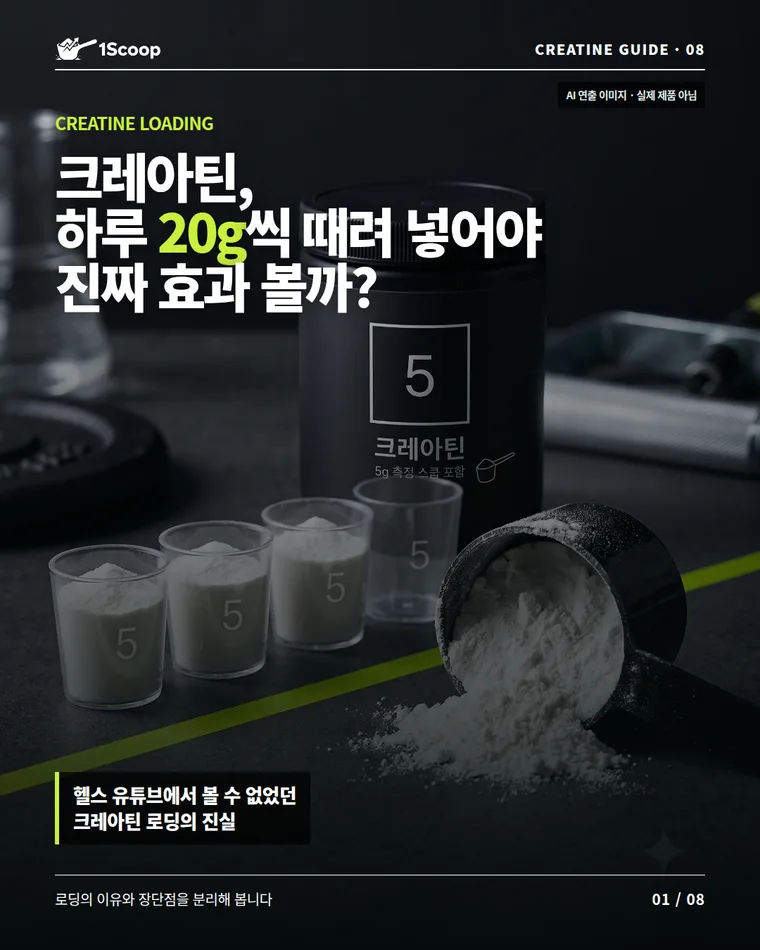 크레아틴, 하루 20g씩 때려 넣어야 진짜 효과 볼까? 크레아틴 로딩 가이드 카드뉴스 표지